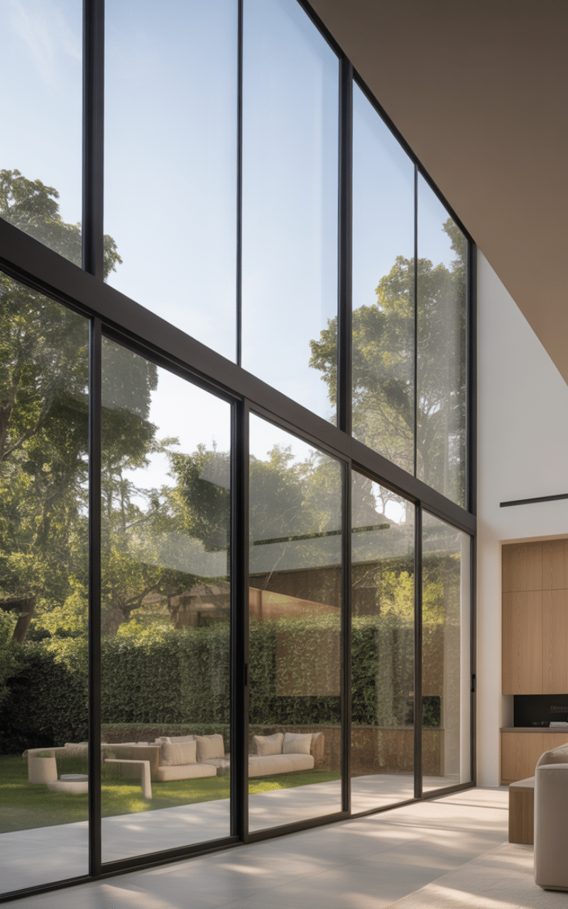 Floor-to-ceiling glass window wall in a modern interior