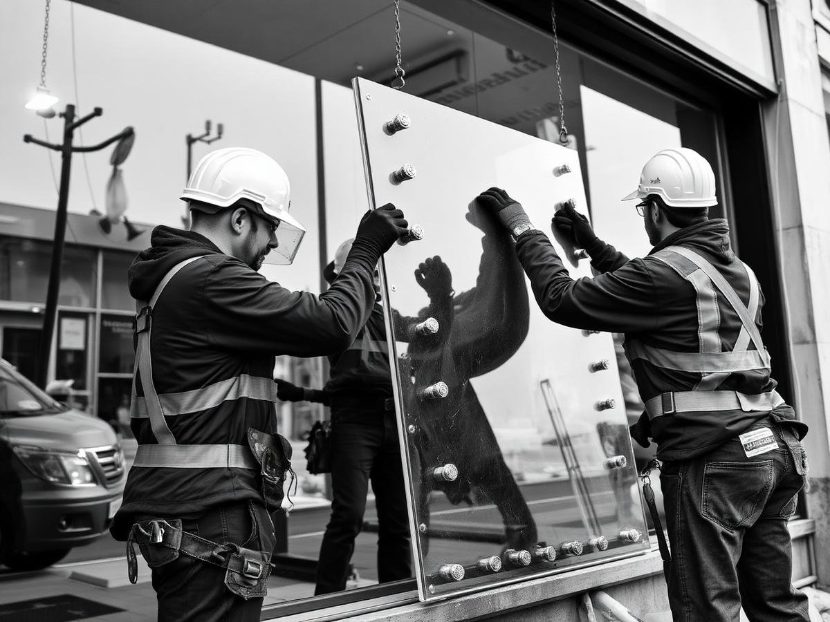 GlazeCo glaziers setting a glass panel on a commercial jobsite
